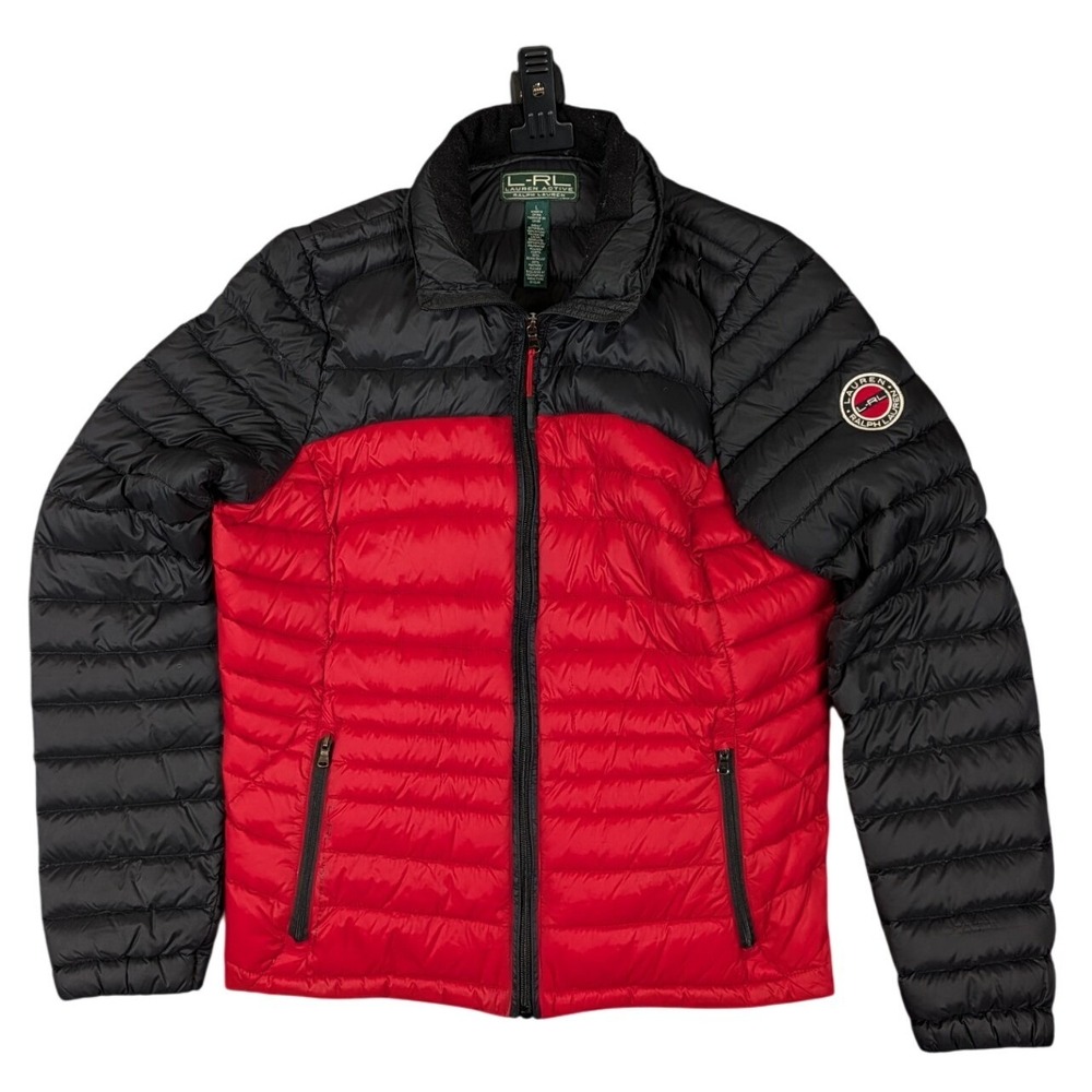 Lauren Active Ralph Lauren Puffer Jacket Red Black Down Fill Womens Large L-RL - Picture 1 of 11